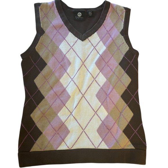 Stormtech Women’s M Argyle Sweater Vest Pink Brown Cotton Preppy Academia Golf - Picture 1 of 5